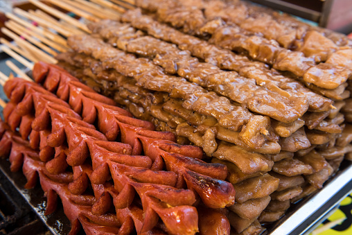 Korean Street food being cooked in an open market in Busan, South Korea