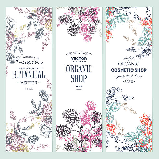 stockillustraties, clipart, cartoons en iconen met floral banner collection. organic shop. vector illustration - cosmeticaverpakking