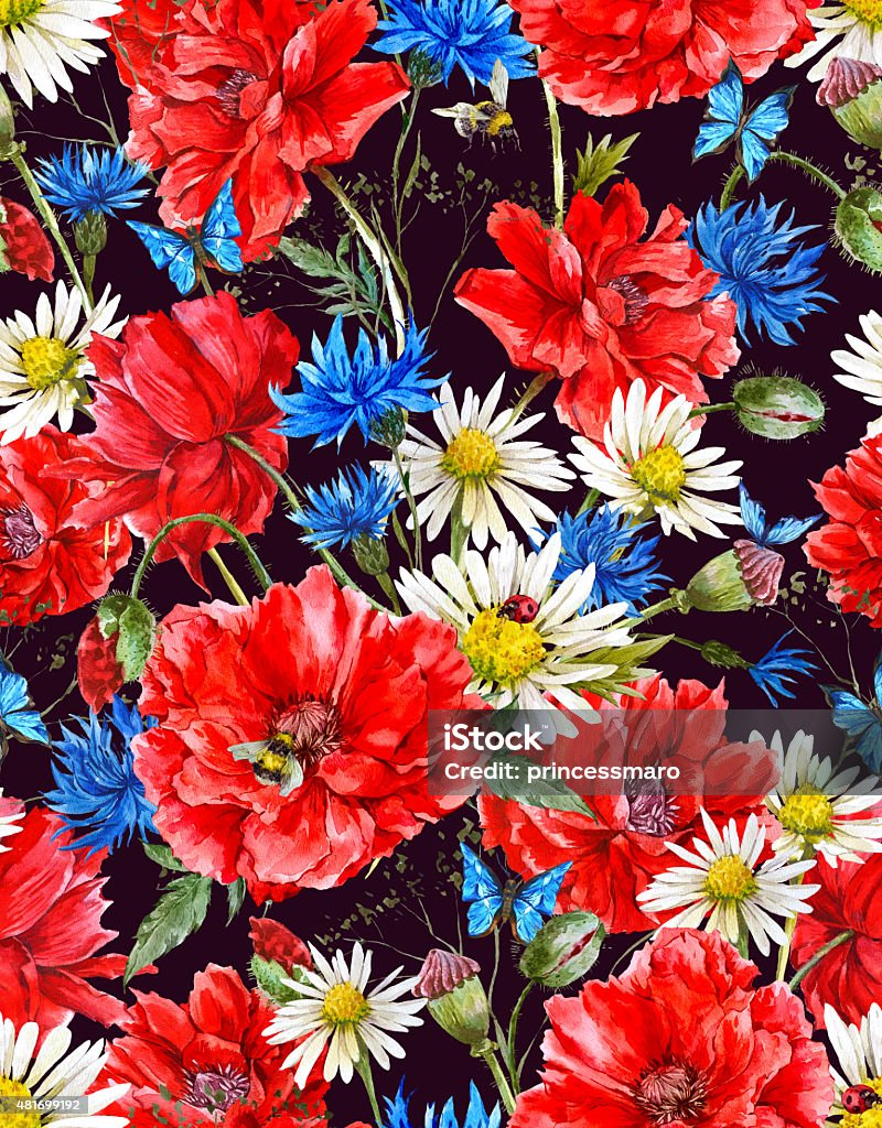 Summer Watercolor Vintage Floral Seamless Pattern with Blooming Red Poppies Summer Watercolor Vintage Floral Seamless Pattern with Blooming Red Poppies Chamomile Ladybird and Daisies Cornflowers Bumblebee Bee and Blue Butterflies, Watercolor illustration 2015 stock illustration