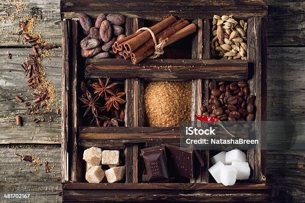 Coffe Chocolate Sugar And Spices Stock Photo - Download Image Now - Backgrounds, Bean, Brown