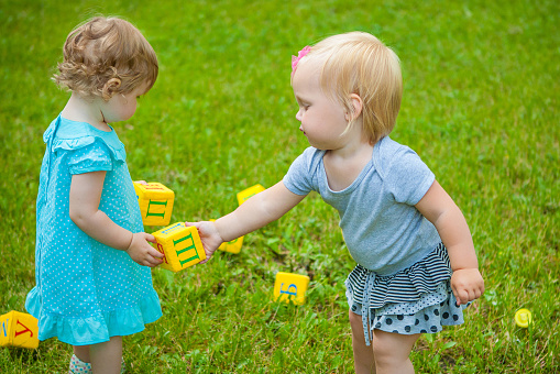 Two  little cute child girls on nature playing with a toy