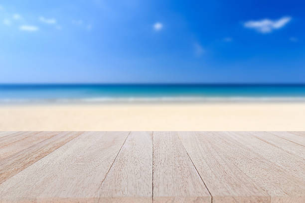 istock Top wooden table and blur of tropical beach background 481705596