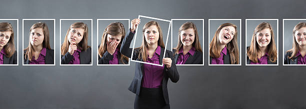 business-frau mit verschiedenen persönlichkeit, charakter und emotionaler gesichtsausdruck - gesichtsausdruck fotos stock-fotos und bilder