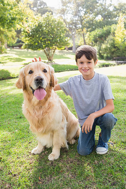 istock Little boy with his dog in the park 481714924