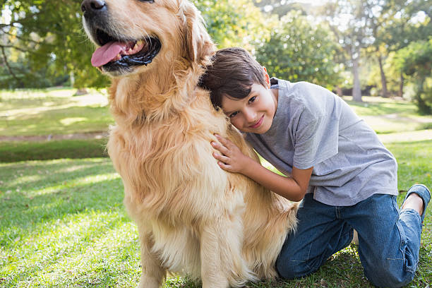 istock Little boy with his dog in the park 481714926