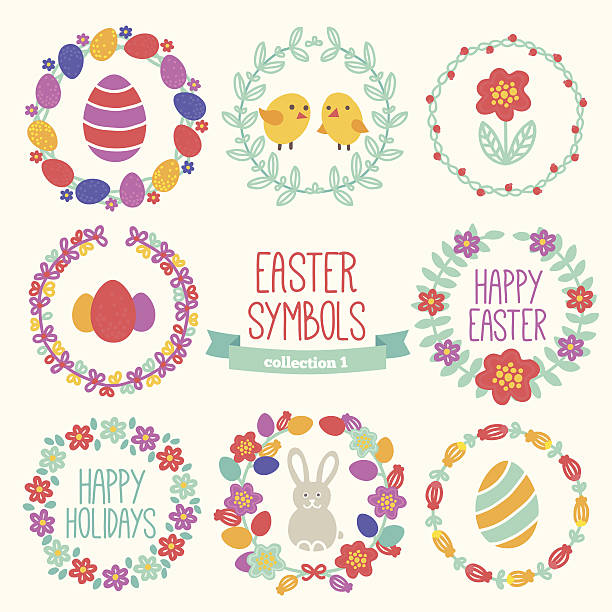 illustrazioni stock, clip art, cartoni animati e icone di tendenza di set di simboli-wreaths pasqua, uova, conigli e polli. - easter egg isolated remote frame