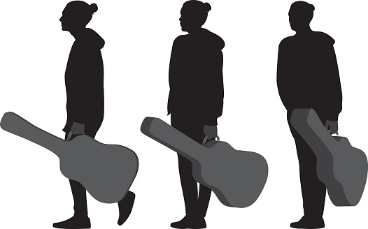 Vector silhouettes of a man carrying a guitar case while walking.