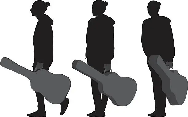 Vector illustration of Man Holding Guitar Case Silhouettes