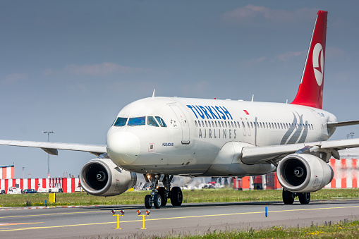 Prague, Czech Republic - July 1, 2015: Airbus A320 of Turkish Airlines. Image was taken at Vaclav Havel airport.