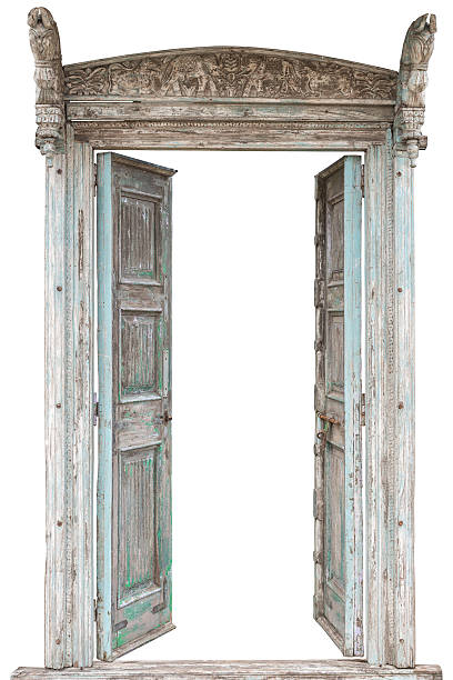 istock Grey retro style wooden door isolated on white 481723570