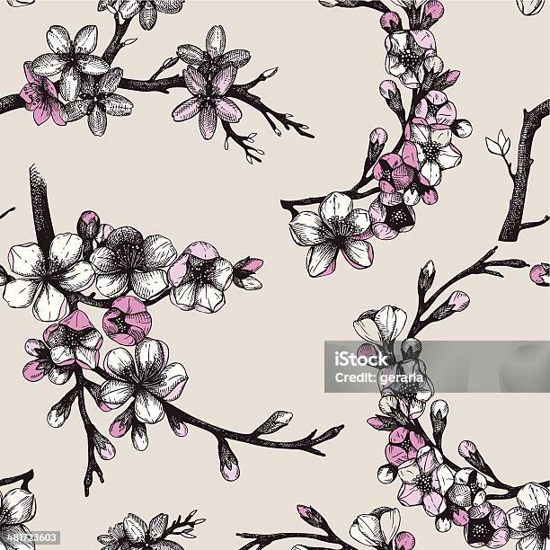 Nahtlose Muster Mit Handdrawn Blühenden Obst Baum Zweig Stock Vektor Art und mehr Bilder von Altertümlich