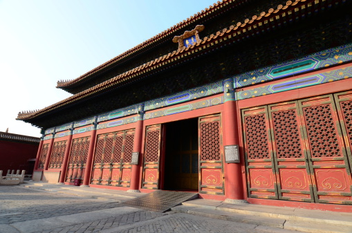 Outside of Forbidden city during and a bit after sunrise. Mostly Forbidden city is surrounded by moat and each corner is ancient watch tower.