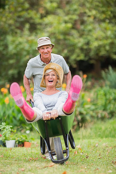 felice coppia senior giocando con una carriola - gardening couple senior adult ethnic foto e immagini stock