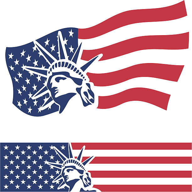 ilustraciones, imágenes clip art, dibujos animados e iconos de stock de estatua de la libertad.  bandera de los estados unidos - american flag badge american culture patriotism