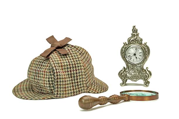 istock Detective Deerstalker Cap, Vintage Magnifying Glass And Old Clock 481730686