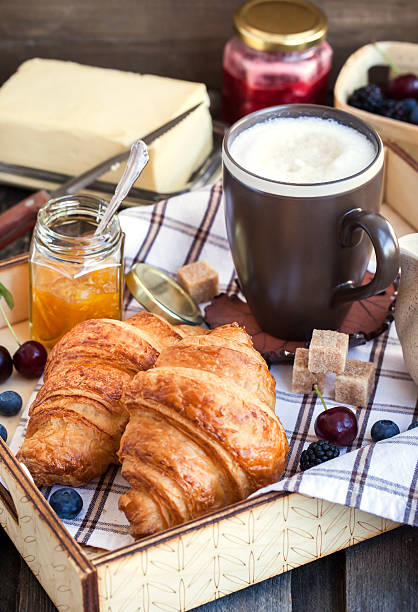 istock Breakfast with croissants, cappuccino and jam 481731402