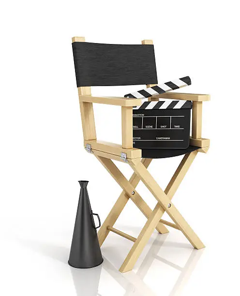 Illustration of director chair, and over filmmaker equipment, over white background.