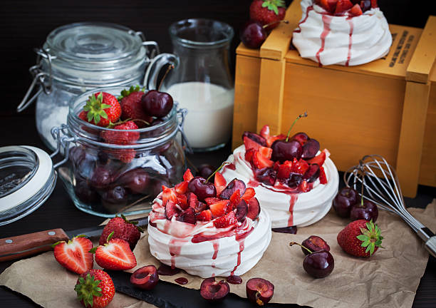 istock Pavlova meringue cake with fresh strawberry and cherry 481735082