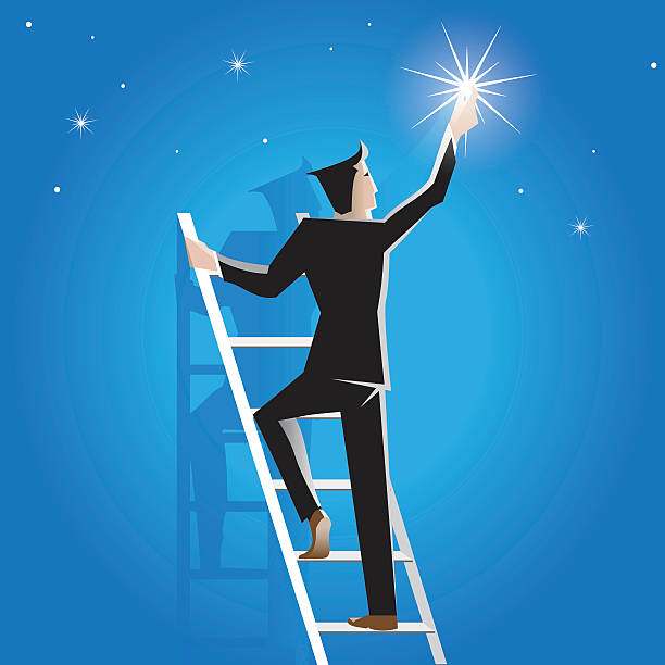 Businessman achieves success on the staircase to the stars businessman takes the brightest star on the top of the sky and achieves success by climbing the steps to achieve economic growth, establishing its leadership, strength, superiority and intelligence on colleagues, opponents and enemies in business and global finance after having overcome hardships and difficulties- vector illustration with a blue background. north star stock illustrations