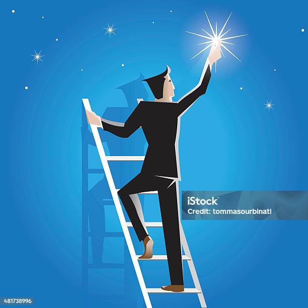 Businessman Achieves Success On The Staircase To The Stars Stock Illustration - Download Image Now