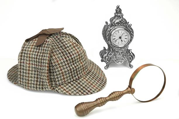 istock Detectives Deerstalker Cap, Vintage Magnifying Glass And Old Clock 481739064