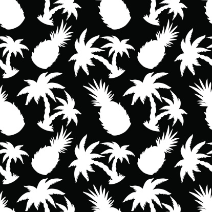 Seamless pattern with silhouettes coconut palm trees and pineapples - vector artwork