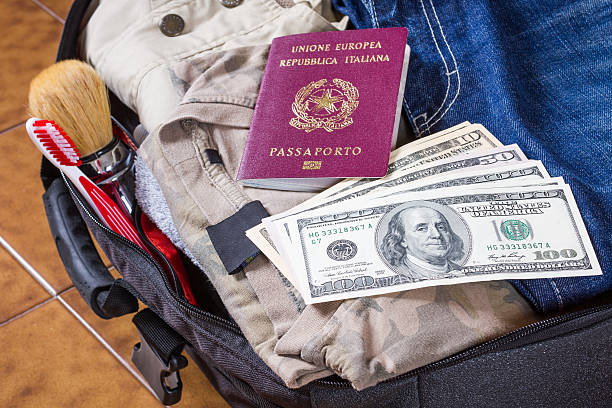 istock Open suitcase with clothes, personal effects, dollars, italian passport 481743312