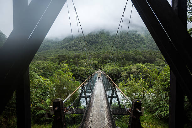 istock Woman in Raincoat walking on Suspended bridge 481744756