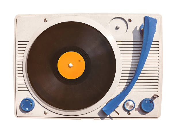 istock Old vinyl turntable player with record isolated on white 481744930