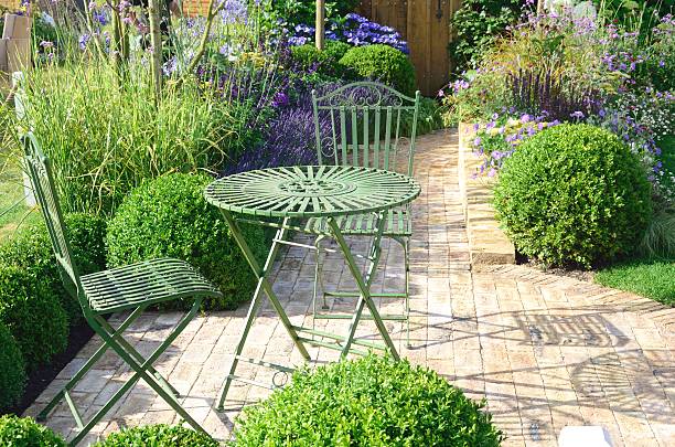A quiet patio with table and chairs furniture in a back yard garden featuring a circular lawn, blooming flower beds, and landscaped ornamental garden shrub and hedge plants. The shady outdoor comfortable urban scene features natural limestone pavers and a built stone wall. No people are in the natural setting.