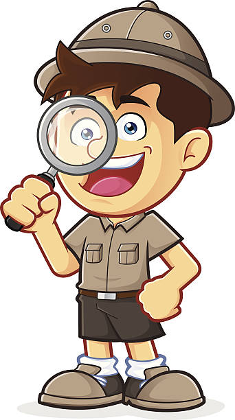 boy scout 또는 익스플로러를 남자아이, 돋보기 - low scale magnification magnifying glass glass child stock illustrations