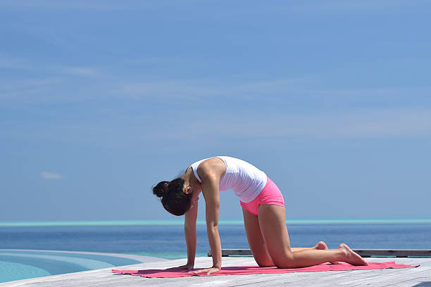 Asian chinese woman practising cat pose yoga stock photo