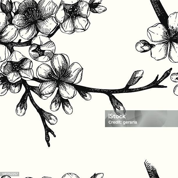Bezszwowe Wzór Z Ręcznie Rysowane Kwitnące Drzewo Owocowe Gałązka - Stockowe grafiki wektorowe i więcej obrazów Atrament