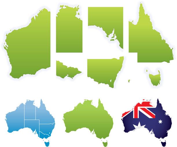 Australian Map & States Detailed maps of Australia, with each state isolated. Includes a JPG, transparent PNG, and a version without the water australia cartography map queensland stock illustrations