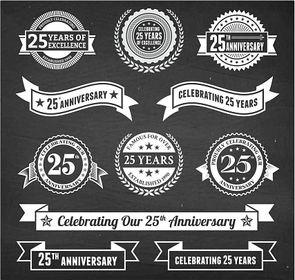 twenty five year anniversary hand-drawn chalkboard royalty free vector background. This image depicts a black chalkboard with multiple anniversary announcement designs. There is chalk dust remaining on the chalkboard and the chalkboard texture serves a perfect backdrop for making the anniversary announcements look authentic and elegant.