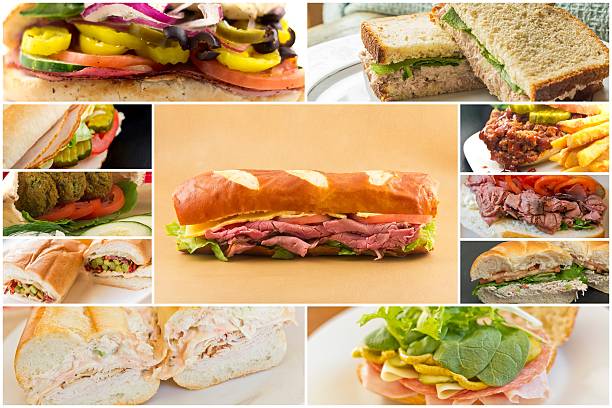 Sandwich Collage Variety of popular sandwiches in lunchtime food collage imagery torpedo sandwich stock pictures, royalty-free photos & images