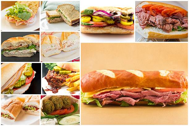 Sandwich Collage Variety of popular sandwiches in lunchtime food collage imagery torpedo sandwich stock pictures, royalty-free photos & images