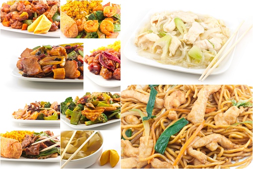 Various popular Chinese food take out dishes in collage image