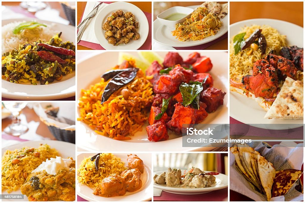 Indian Food Collage Variety of popular Indian food dishes in collage imagery Biryani Stock Photo