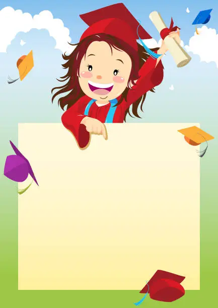 Vector illustration of Girl graduate pointing at signboard