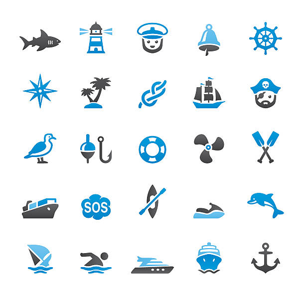 Nautical And Marine related vector icons Nautical And Marine related vector icons collection. Three-color palette /Isolated on white/ Quartico set #47 / transparent png-24 version 5000×5000 px included / sinking ship images stock illustrations