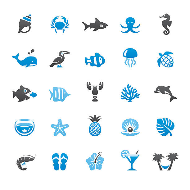 strände und sea life zugehörige vektor-icons - tropical fish saltwater fish butterflyfish fish stock-grafiken, -clipart, -cartoons und -symbole