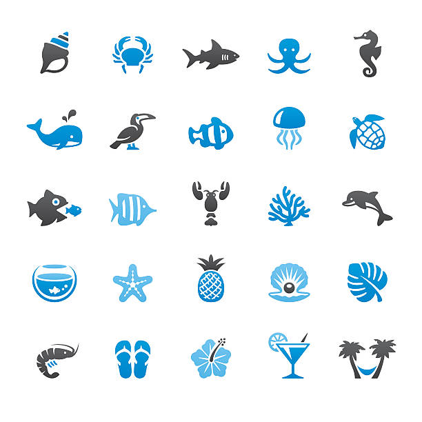 ilustraciones, imágenes clip art, dibujos animados e iconos de stock de las playas y al mar con iconos vectoriales de la vida - tropical fish saltwater fish butterflyfish fish