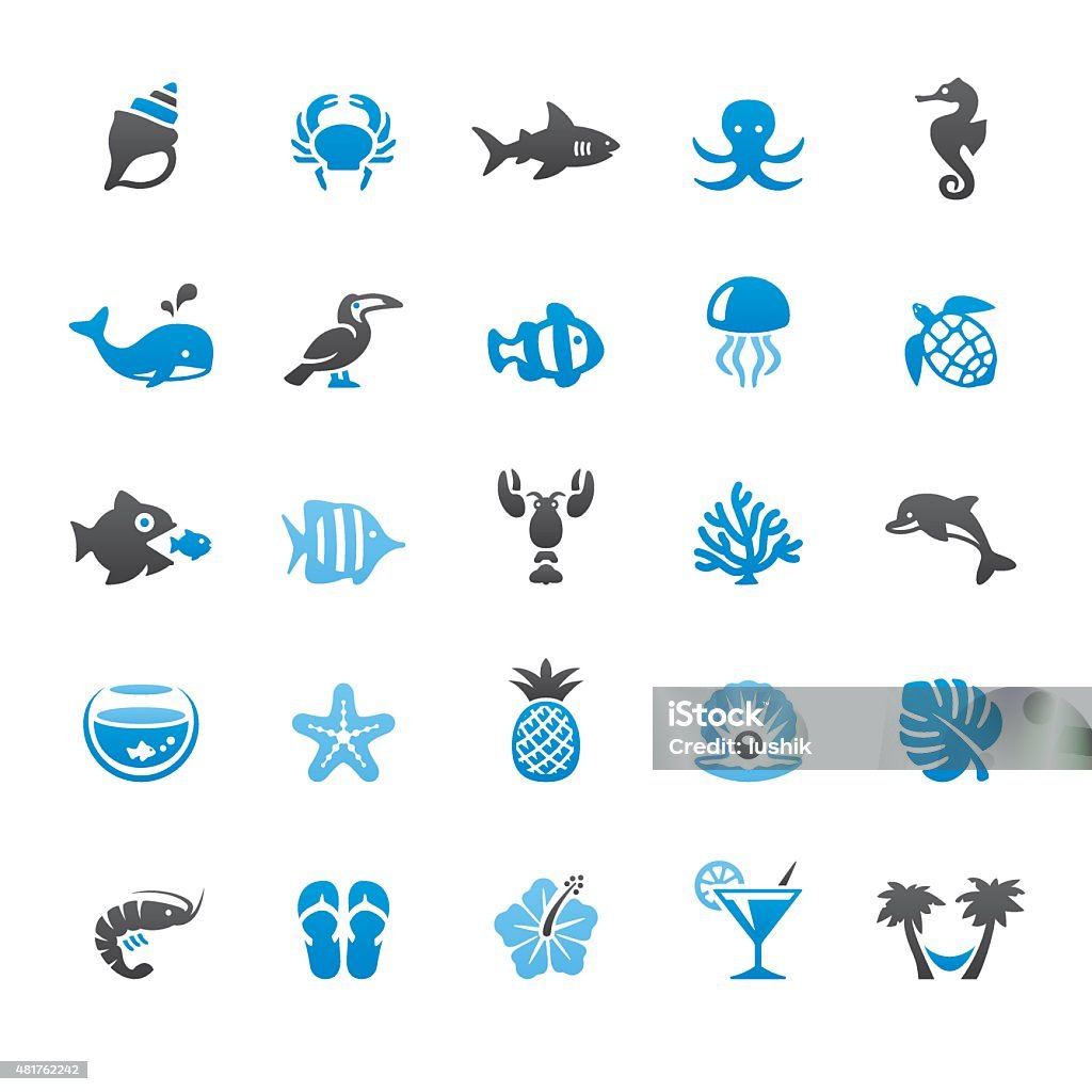 Beaches and Sea Life related vector icons Beaches and Sea Life related vector icons collection. Three-color palette /Isolated on white/ Quartico set #48 / transparent png-24 version 5000×5000 px included / Sea Life stock vector