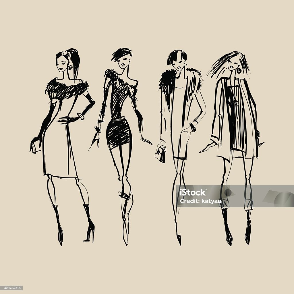 Silhouettes of Fashion Women Silhouettes of Beautiful Women. Hand drawn ink Fashion illustration. Fashion stock vector