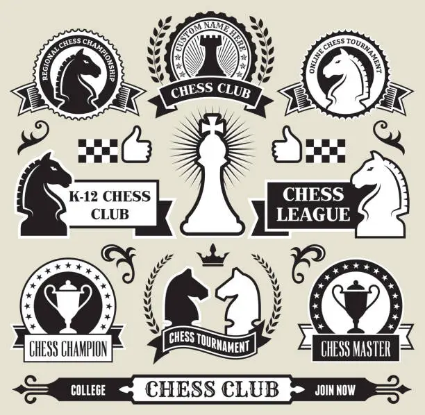 Vector illustration of Round Chess Badges on Black and White