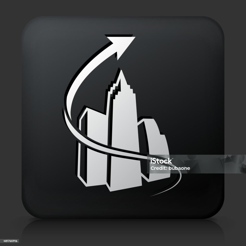 Black Square Button with Arrow and Set of Buildings Black Square Button with Arrow and Set of Buildings. This royalty free vector image features a white interface icon on square black button. The vector button has a bevel effect and a light shadow. The image background is dark grey and the button has a light reflection. 2015 stock vector