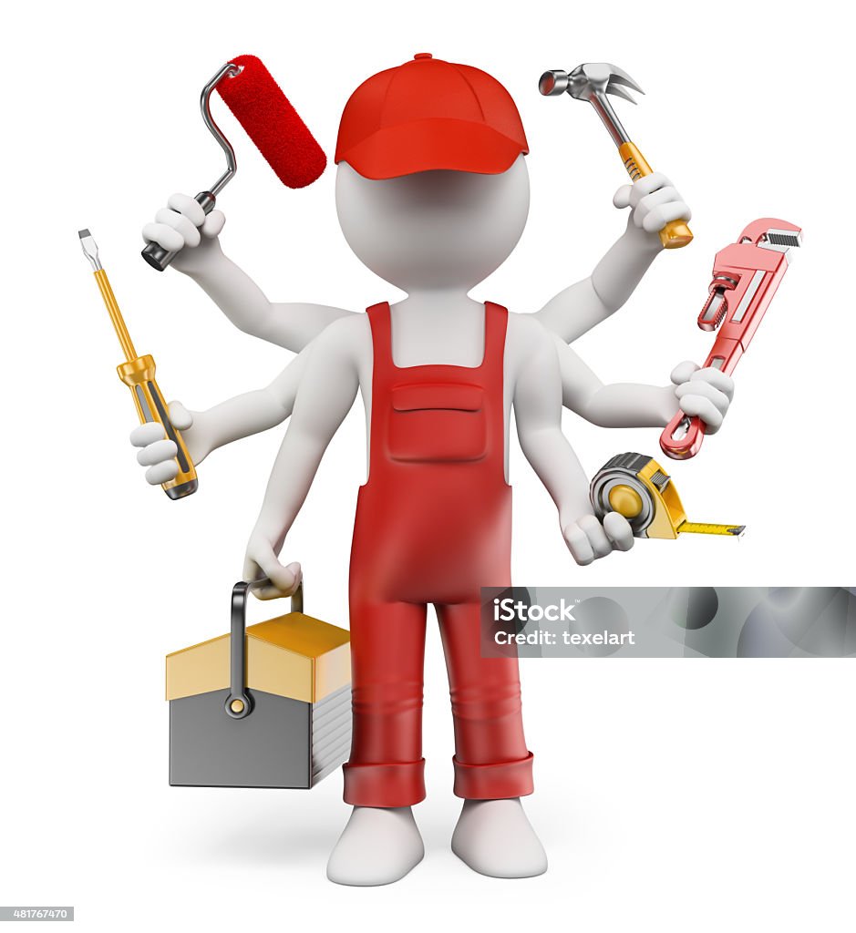 3D white people. Multitasking handyman 3d white people. Multitasking handyman with screwdriver tool box tape measure hammer wrench pipes paint roller. Isolated white background. 2015 Stock Photo