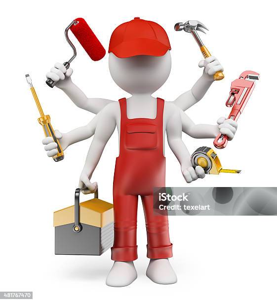 3d White People Multitasking Handyman Stock Photo - Download Image Now - 2015, Abstract, Adult