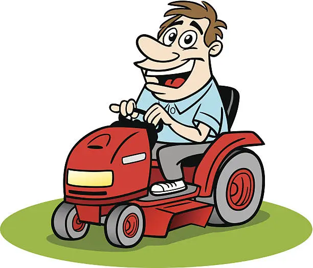 Vector illustration of Cartoon Guy Driving Ride On Mower